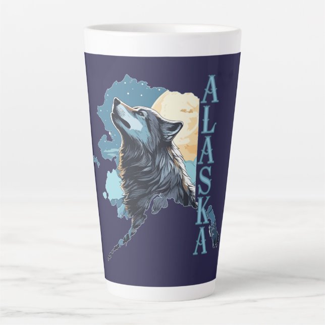 Alaska Outline Wolf and Moon Latte Mug (Front)