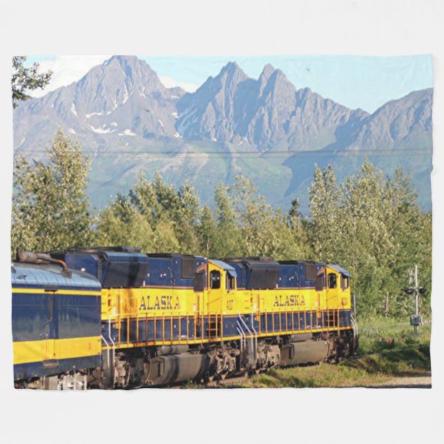 Alaska Railroad locomotive engine and mountains Fleece Blanket (Front (Horizontal))