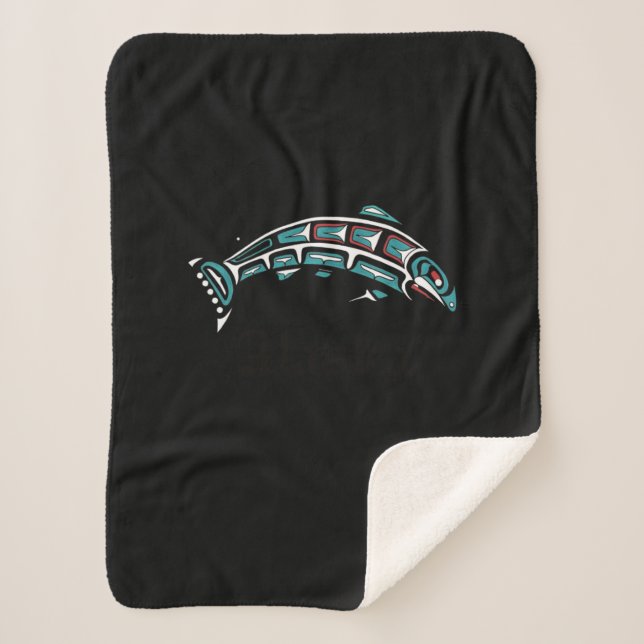 Alaska Salmon Fishing Native American Indigenous Sherpa Blanket (Front)