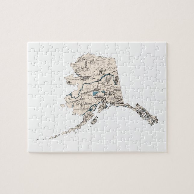 Alaska Shaped Alaskan Vintage Picture Map Jigsaw Puzzle (Horizontal)