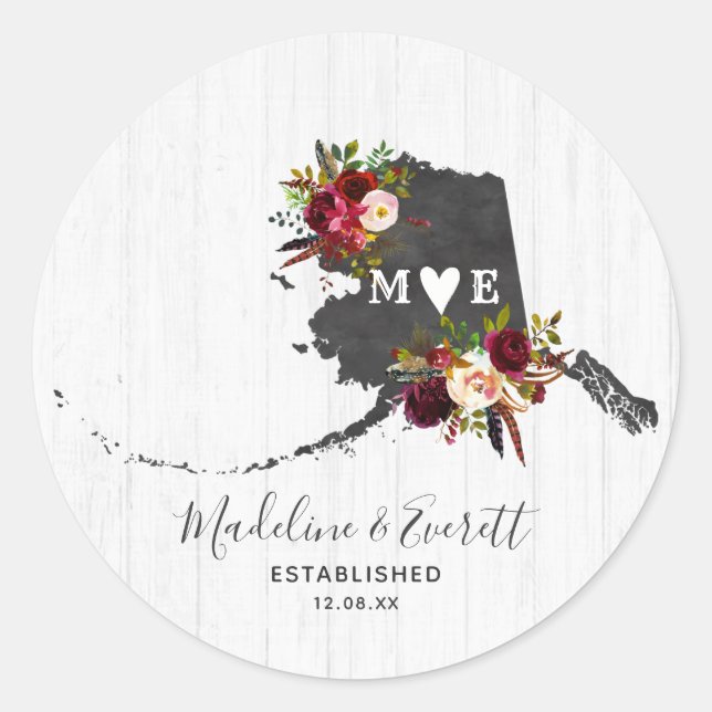 Alaska State Destination Rustic Monogram Wedding Classic Round Sticker (Front)