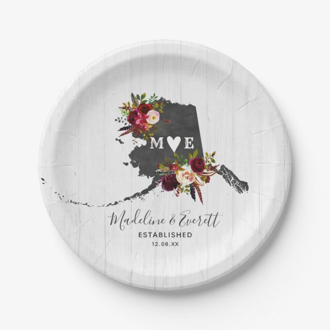 Alaska State Destination Rustic Wedding Monogram Paper Plate (Front)