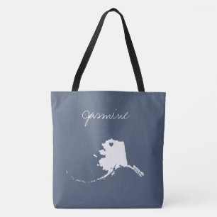Alaska state map with heart personalise name tote bag