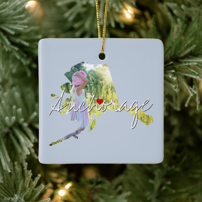 Alaska State Photo insert and town name Ceramic Ornament (Tree)