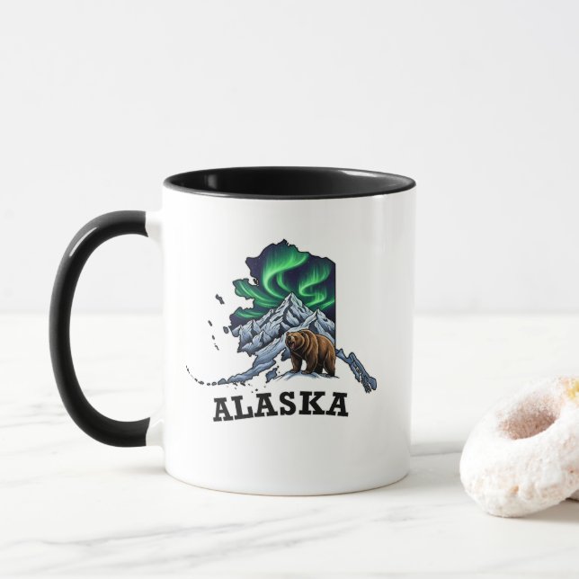 Alaska State Tattoo Style Northern Lights, Grizzly Mug (With Donut)
