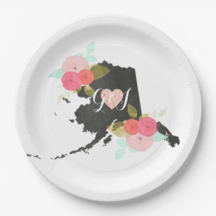 Alaska State Watercolor Floral Monogram Wedding Paper Plate