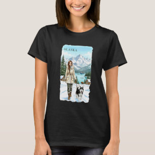 Alaska Travel Art Woman with Husky in Snowy Mounta T-Shirt