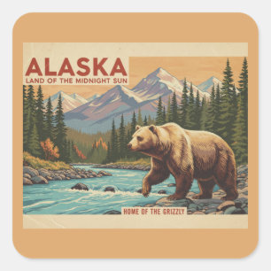 Alaska Travel Grizzly Bear Landscape Square Sticker