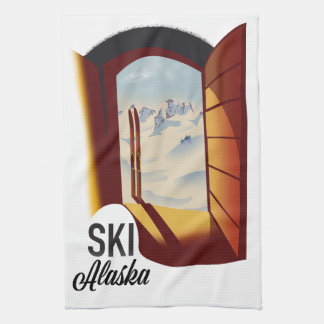 Alaska vintage style ski poster tea towel