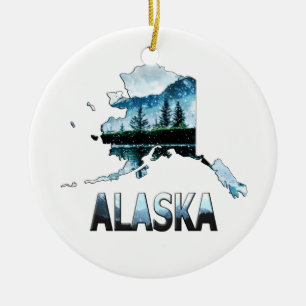 Alaska Watercolor Landscape Map Ceramic Tree Decoration