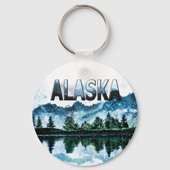 Alaska Watercolor Mountain Landscape Adventure  Key Ring (Front)