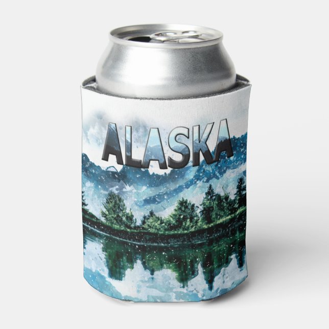 Alaska Watercolor Mountain Landscape Can Cooler (Can Front)