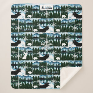 Alaska Watercolor Mountains Landscape Med Sherpa Blanket