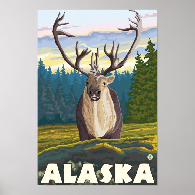 AlaskaCaribou in the Wild Vintage Travel Poster (Front)