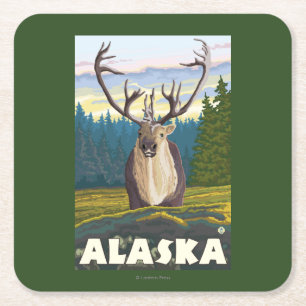 AlaskaCaribou in the Wild Vintage Travel Square Paper Coaster