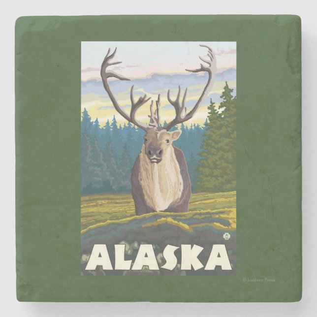 AlaskaCaribou in the Wild Vintage Travel Stone Coaster (Front)