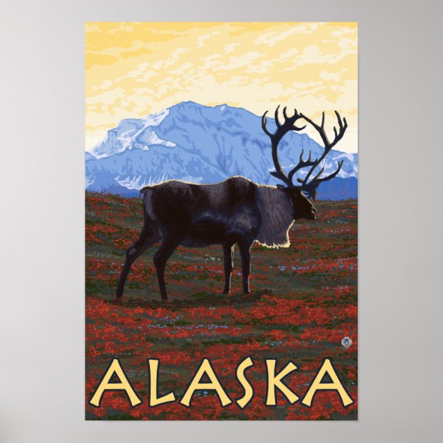 AlaskaCaribou Vintage Travel Poster (Front)