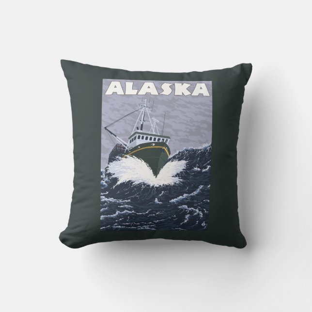 AlaskaCrab Boat Vintage Travel Poster Cushion (Front)