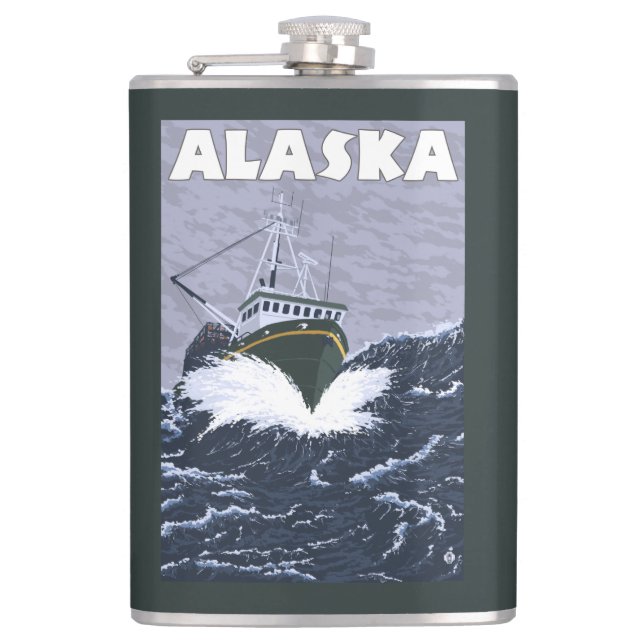 AlaskaCrab Boat Vintage Travel Poster Hip Flask (Front)