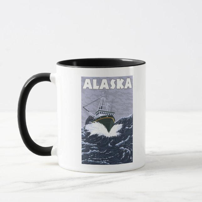 AlaskaCrab Boat Vintage Travel Poster Mug (Left)