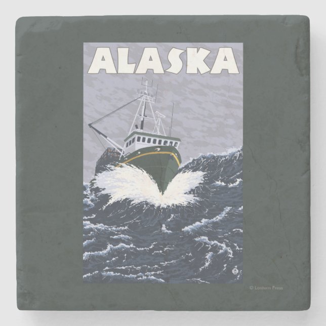 AlaskaCrab Boat Vintage Travel Poster Stone Coaster (Front)