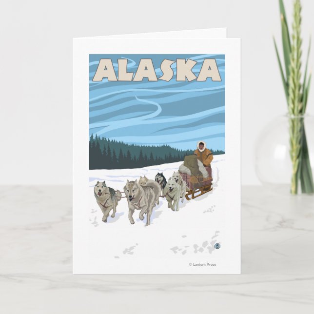 AlaskaDogsledding Vintage Travel Poster Holiday Card (Front)