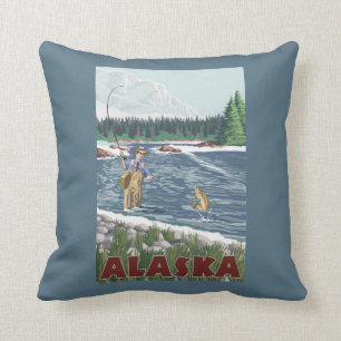 AlaskaFly Fisherman Vintage Travel Poster Cushion