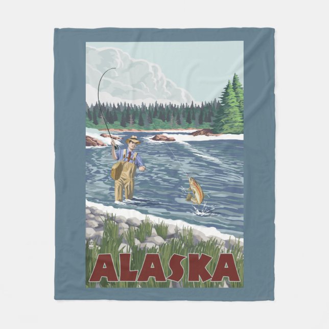 AlaskaFly Fisherman Vintage Travel Poster Fleece Blanket (Front)