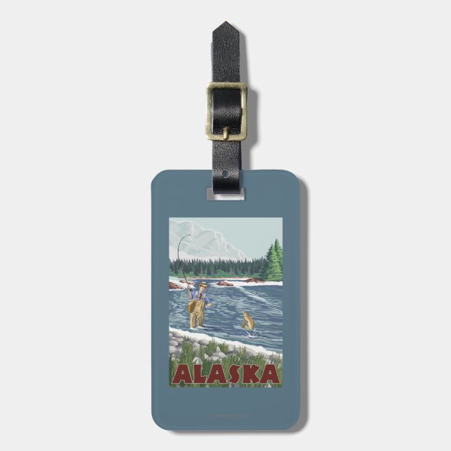 AlaskaFly Fisherman Vintage Travel Poster Luggage Tag (Front Vertical)