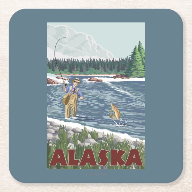 AlaskaFly Fisherman Vintage Travel Poster Square Paper Coaster (Front)
