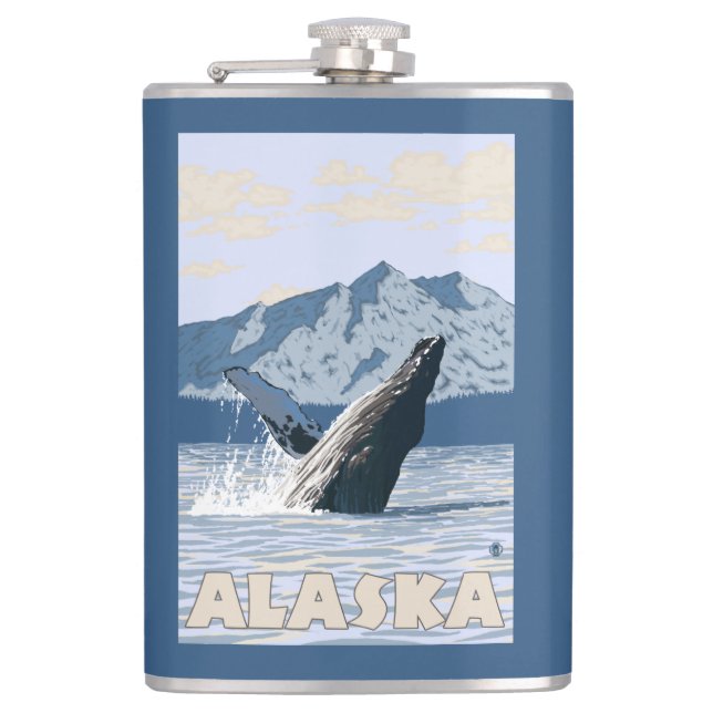 AlaskaHumpback Whale Vintage Travel Poster Hip Flask (Front)