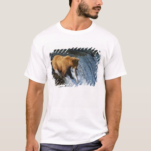 Alaskan Brown Bear Catching Salmon at Brooks T-Shirt (Front)