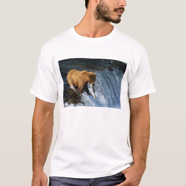 Alaskan Brown Bear Catching Salmon at Brooks T-Shirt (Front)
