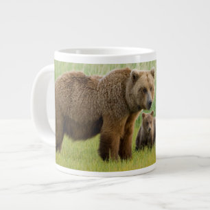 Alaskan Brown Bear with Cubs in a Meadow Large Coffee Mug