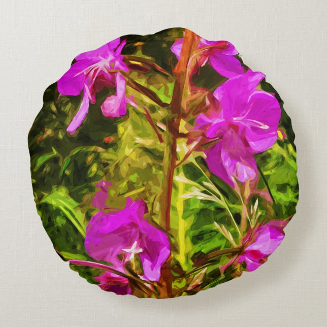 Alaskan Fireweed Pink Wildflower Abstract Round Cushion (Back)