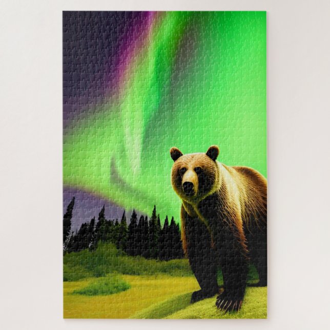 Alaskan Grizzly Bear and Green Aurora Borealis Jigsaw Puzzle (Vertical)