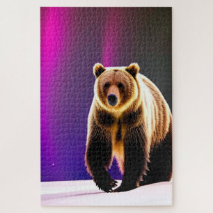 Alaskan Grizzly Bear and Pink Aurora Borealis Jigsaw Puzzle