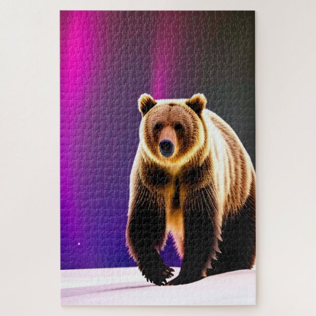 Alaskan Grizzly Bear and Pink Aurora Borealis Jigsaw Puzzle (Vertical)