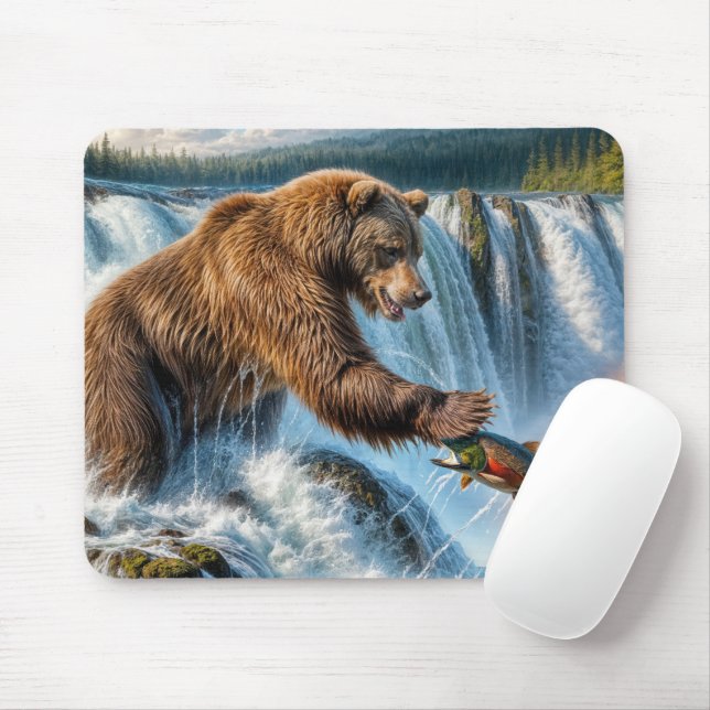 Alaskan Grizzly Bear Fishing Mouse Mat (With Mouse)