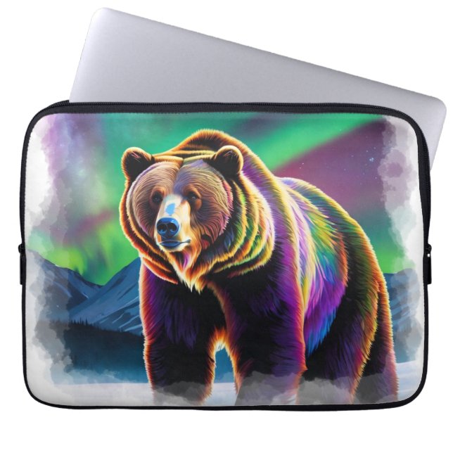 Alaskan Grizzly Bear & Northern Lights Laptop Sleeve (Front)