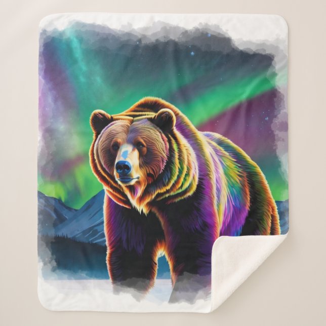 Alaskan Grizzly Bear & Northern Lights Sherpa Blanket (Front)