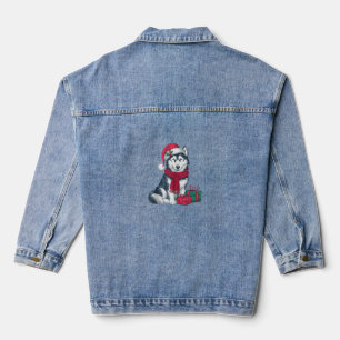 Alaskan Husky Dog Christmas Outfits Santa Hat Dog Denim Jacket