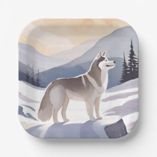 Alaskan Husky Dog Mountain Watercolor Paper Plate