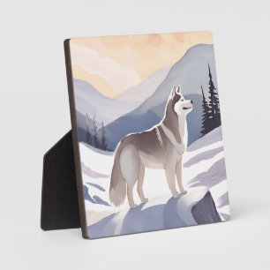 Alaskan Husky Dog Mountain Watercolor Plaque