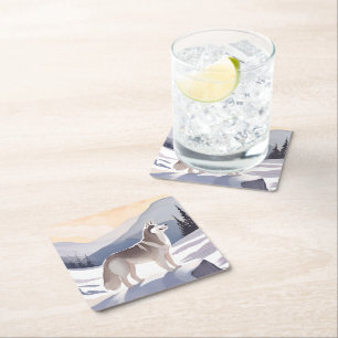Alaskan Husky   Dog Mountain Watercolor Square Paper Coaster