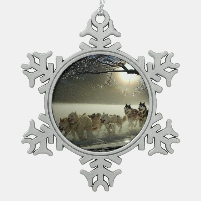 Alaskan Husky Dog Sled Race Snowflake Pewter Christmas Ornament (Front)