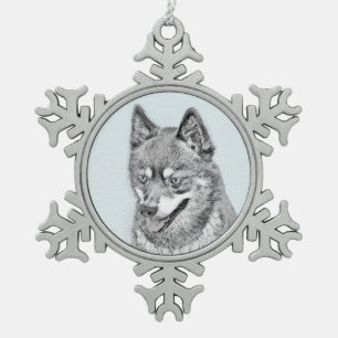 Alaskan Klee Kai Painting - Cute Original Dog Art Snowflake Pewter Christmas Ornament