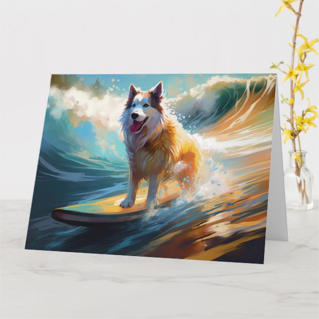 Alaskan Malamute Beach Surfing Painting  Card (Yellow Flower)