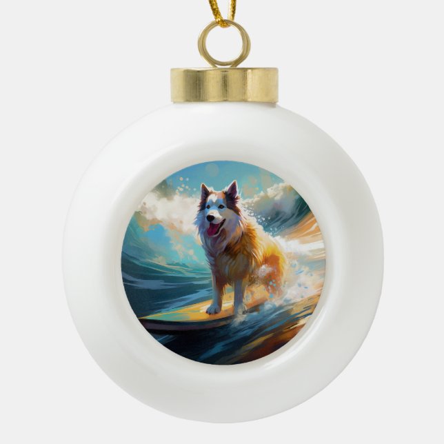 Alaskan Malamute Beach Surfing Painting  Ceramic Ball Christmas Ornament (Front)