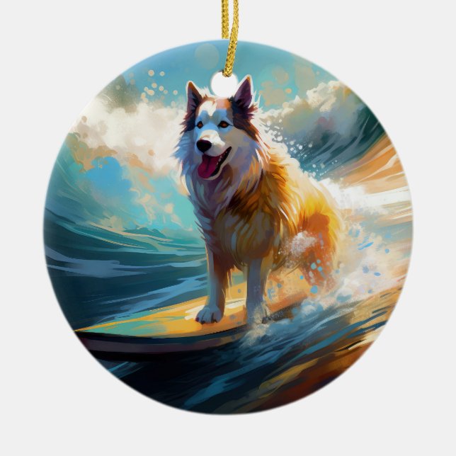 Alaskan Malamute Beach Surfing Painting  Ceramic Tree Decoration (Front)